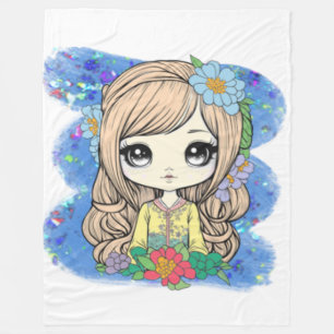 Cute Chibi Girl met blauwe Waterverf en glitter Fleece Deken