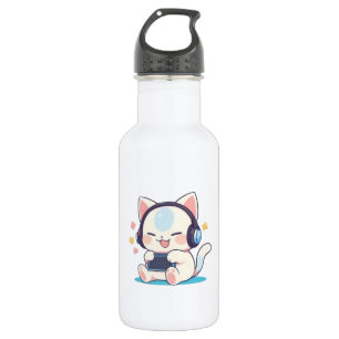 Cute Chibi Kat Gaming Koptelefoon Draagbare Consol Waterfles