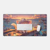 Cute Chibi Kitten at the Harbor Sunset – Whimsical Bureaumat (Keyboard & Muis)