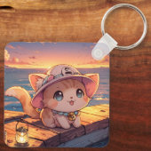 Cute Chibi Kitten at the Harbor Sunset – Whimsical Sleutelhanger (Achterkant)