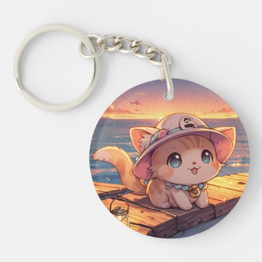 Cute Chibi Kitten at the Harbor Sunset – Whimsical Sleutelhanger (Voorkant)