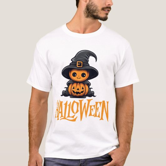 Cute Chibi Pumpkin Witch Hat Halloween Graphic T-shirt (Voorkant)