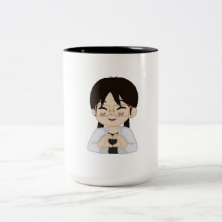 Cute Chibi Self-Portrait with Heart Hands Mug  Tweekleurige Koffiemok