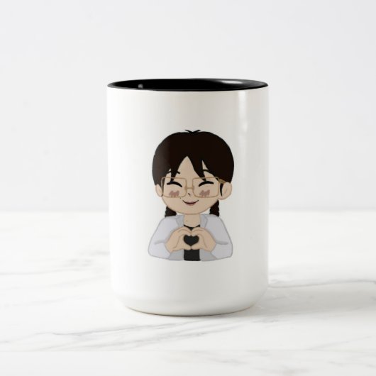 Cute Chibi Self-Portrait with Heart Hands Mug  Tweekleurige Koffiemok (Center)