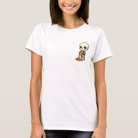 Cute Chibi Skeleton Devouring Cheesy Pepperoni T-shirt (Voorkant)