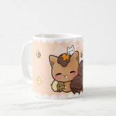 Cute chibi squirrel met kawaii kastanje koffiemok (Voorkant links)