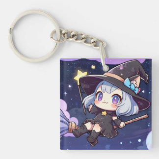 Cute Chibi Witch Flying in the Night Sky Sleutelhanger
