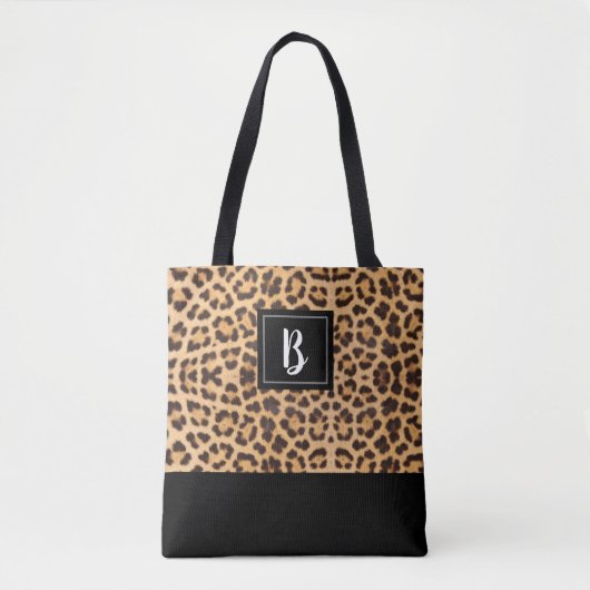 Cute Chic Leopard Animal Print Brown Black Initiaa Draagtas (Voorkant)