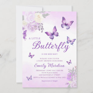 Cute Chic Paars Floral Butterfly Girl Baby shower Kaart