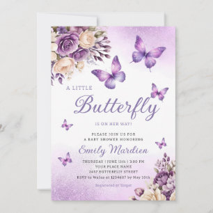 Cute Chic Paars Floral Butterfly Girl Baby shower Kaart