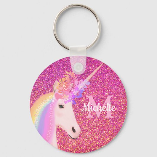 Cute Chic Rainbow Unicorn Pink Glitter Name Sleutelhanger (Voorkant)