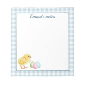 Cute Chick And Pastel Eggs On Blue Gingham Easter Notitieblok (Voorkant)