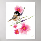 Cute Chickadee Bird Flowers Art Print (Voorkant)