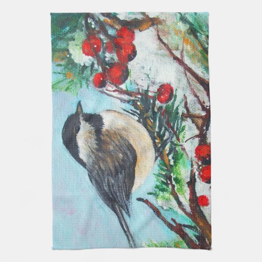 Cute Chickadee Bird with berries on Branch Theedoek (Verticaal)