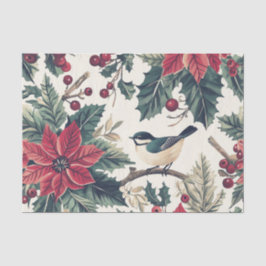 Cute Chickadee on a Holly Branch with Poinsettias Tissuepapier