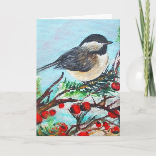 Cute Chickadee Red Berries Winter Note Kaart (Voorkant)