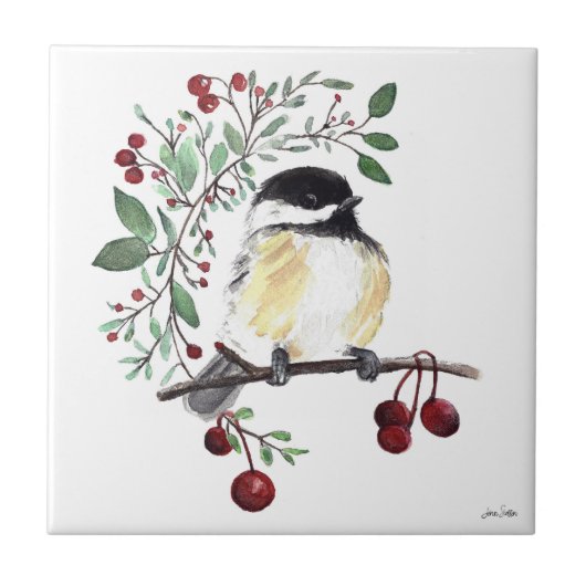 Cute Chickadee Waterverf Ceramic Tile Tegeltje (Voorkant)