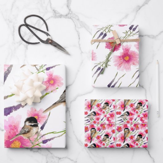 Cute Chickadee Waterverf Floral Inpakpapier Vel (Voorkant)