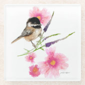 Cute Chickadee Waterverf Flowers Glazen Onderzetter (Voorkant)