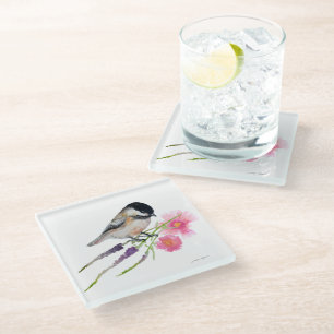 Cute Chickadee Waterverf Pink Flowers Glazen Onderzetter