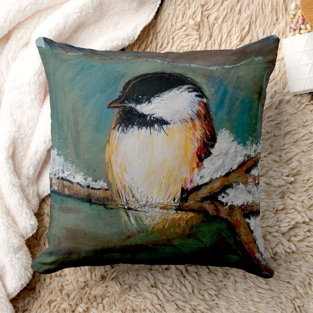 Cute Chickadee Winter Black Kussen (Cute Chickadee Bird throw pillow from Jenn's Emporium. )