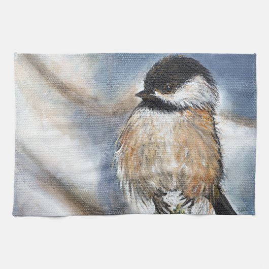 Cute Chickadee Winter Painting Theedoek (Horizontaal)