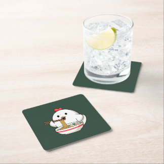 Cute Chicken Eating Ramen Noodles Kawaii Illustrat Vierkante Kartonnen Onderzetter