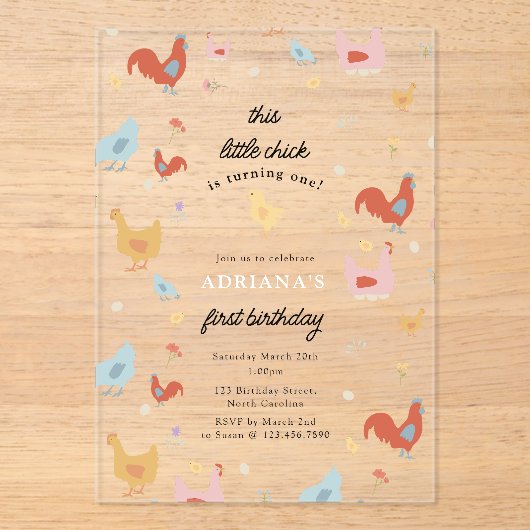 Cute Chickens Hens and Chick Girl First Birthday Acryl Uitnodigingen (Voorkant)