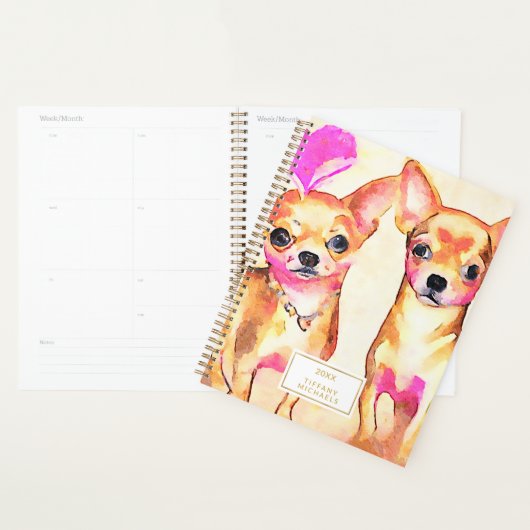 Cute Chihuahua Dogs Pink Heart Waterverf Planner (Display)