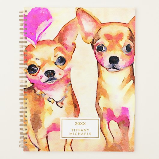 Cute Chihuahua Dogs Pink Heart Waterverf Planner (Voorkant)