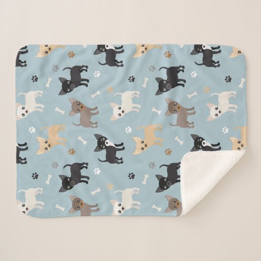 Cute Chihuahua Pattern Blue Sherpa Deken (Voorkant (horizontaal))