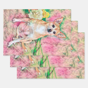 Cute Chihuahua Pink Green Art Dog Portret Inpakpapier Vel