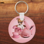 Cute Chihuahua Puppy in Hatbox Sleutelhanger (Voorkant)