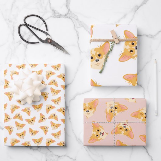 Cute Chihuahua Wrapping Paper Flat Sheet Set van 3 (Voorkant)