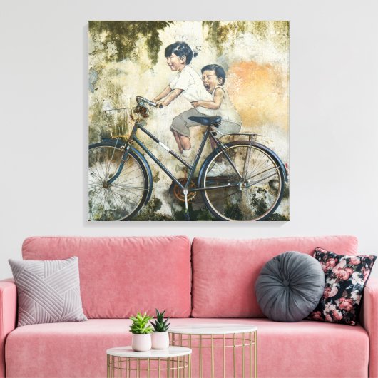 Cute Children lachen op de fiets Canvas Afdruk (Insitu (Woonkamer))