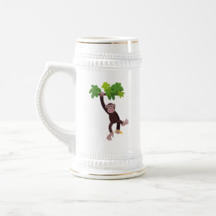 Cute chimpansee in oerwoud hangende cartoon bierpul