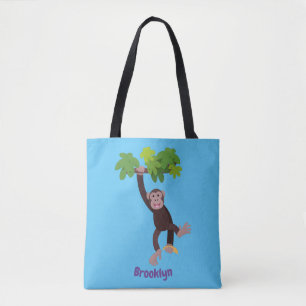 Cute chimpansee in oerwoud hangende cartoon draagtas