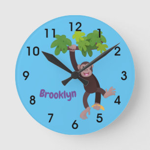 Cute chimpansee in oerwoud hangende cartoon, ronde klok