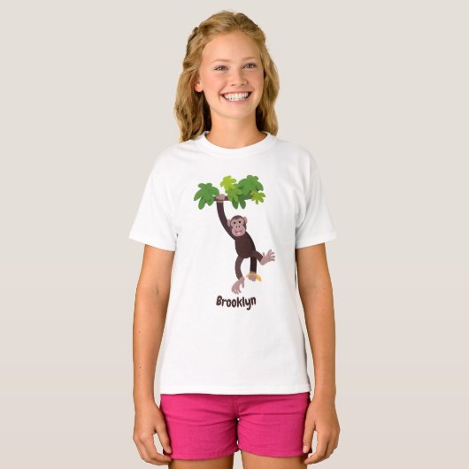 Cute chimpansee in oerwoud hangende cartoon t-shirt (Voorkant volledig)