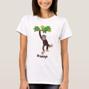 Cute chimpansee in oerwoud hangende cartoon t-shirt