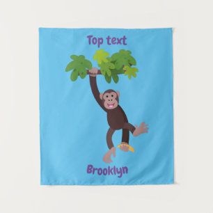 Cute chimpansee in oerwoud hangende cartoon wandkleed