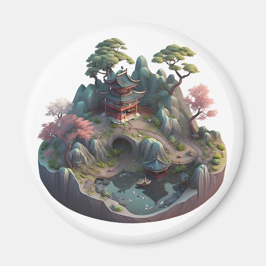 Cute Chinese Fantasy 3D Landscape Round Magnet Magneet (Voorkant)