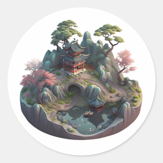 Cute Chinese Fantasy 3D Landscape Round Stickers (Voorkant)
