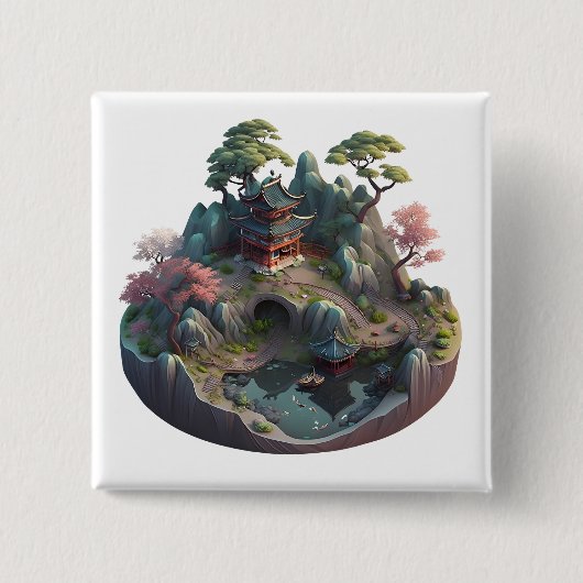 Cute Chinese Fantasy 3D Landscape Square Button (Voorkant)
