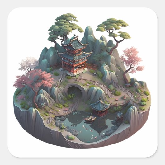 Cute Chinese Fantasy 3D Landscape Square Stickers (Voorkant)