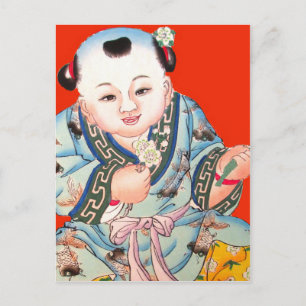 Cute Chinese Laughing Good Luck Buddha op red Briefkaart