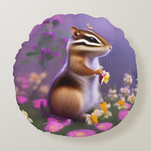 Cute Chipmunk in Flowers Rond Kussen (Voorkant)