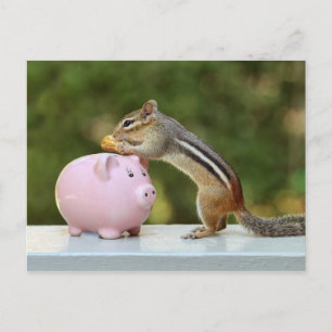 Cute Chipmunk met Funny Money Piggy Bank Afbeeldin Briefkaart