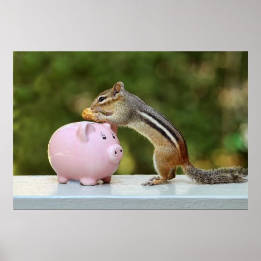 Cute Chipmunk met Funny Money Piggy Bank Afbeeldin Poster (Voorkant)