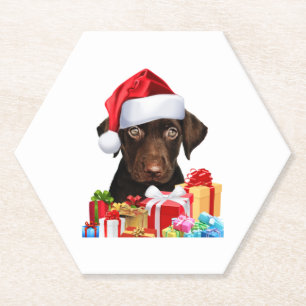 Cute Chocolate Lab Puppy Santa Hat Afbeelding Chri Kartonnen Onderzetters